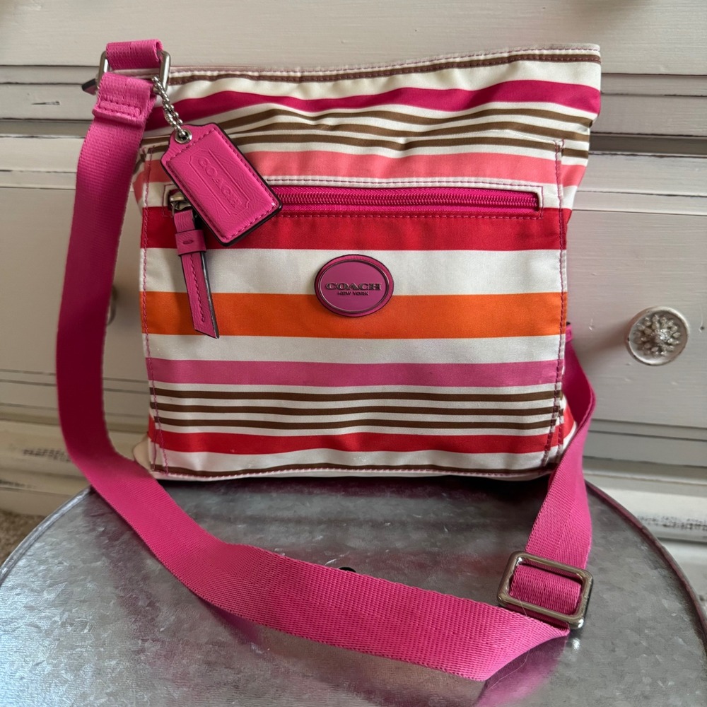 Coach Crossbody Bag Striped Pink Orange White Small Everyday Purse